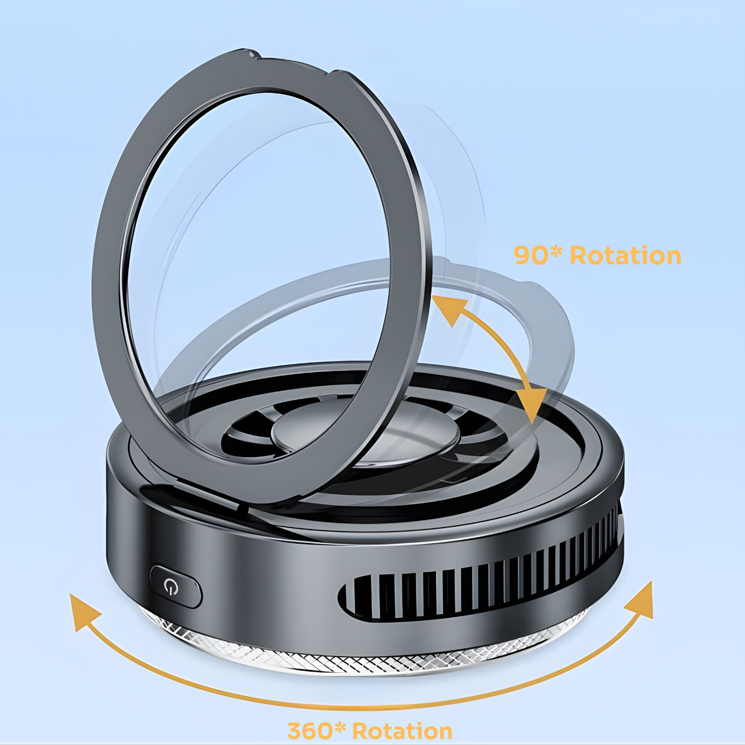 Black phone ring holder with 90° and 360° rotation features on a light blue background