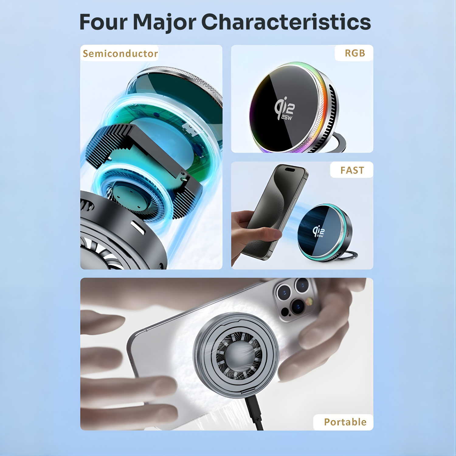 Product features with 'Semiconductor', 'RGB', 'Fast', and 'Portable' labels on a blue background.